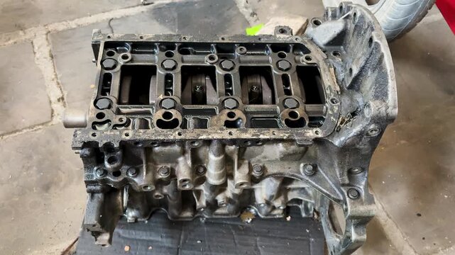 Car Engine Crankcase Exposed During Mechanical Inspection and Rebuild Process