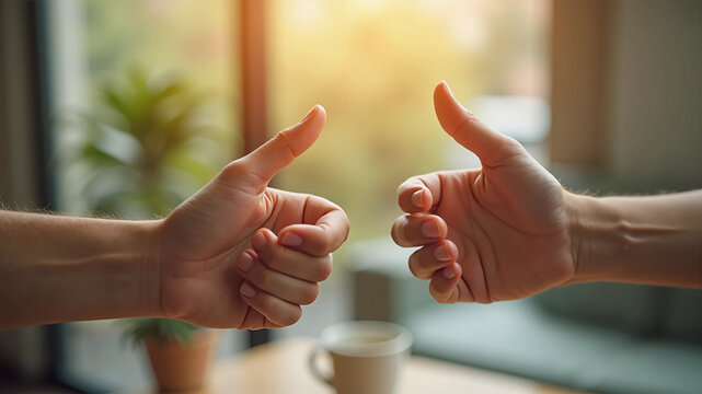 International Day of Sign Languages concept, two hands making thumbs up gesture for American Sign Language ASL communication, deaf community diversity and inclusion background