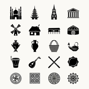 Heritage day icons with representing various cultural architectural symbols around collection 20 black icons white background architecture with tradition