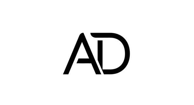 Abstract black letter a and d combined into a modern monogram logo design on white background with black graphic symbol combining letters D white surface