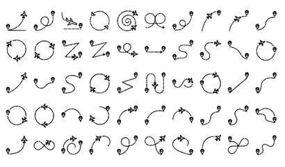 Doodle Arrow Route Tracking Vector Icon Pack with Dotted Paths, Flight Trajectories, Circular Loop Coordinates, and Location Waypoint Pin Silhouette Elements for Map Diagrams © MdSelim