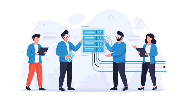Team of professionals using VR for data analysis and server management, illustrating digital transformation and technology.