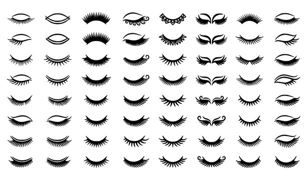 Eyelash Extension Volume Set with Black Silhouette Eyelashes, Glamour Wink Expressions, and Mascara Makeup Eye Shapes for Beauty Salon Lash Artist Branding Materials