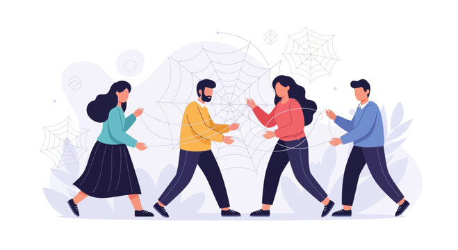 Teamwork and Connection: People entangled in a spider web symbolizing cooperation, challenges, and shared destiny