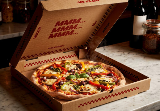 Open Pizza Box Mockup with Pizza on Marble Counter