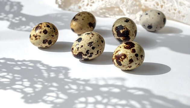 A close-up photo of speckled quail eggs on a white surface