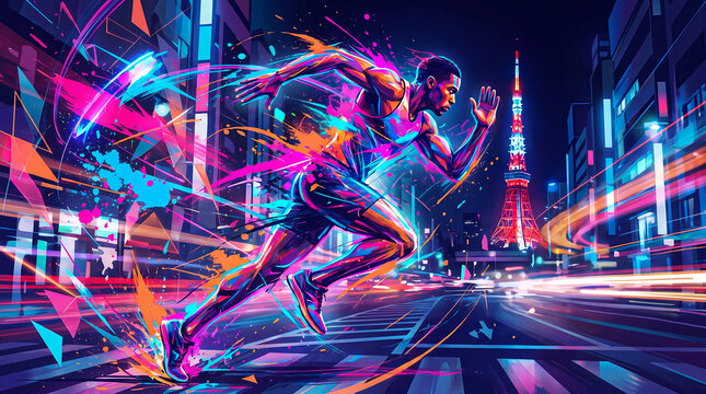 Athlete sprinting at night with vivid paint explosion effects and tokyo city background sprinter explosion colorful competition training exercise lifestyle movement abstract illustration