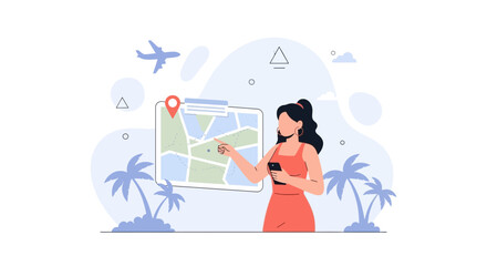 Obraz premium Woman Planning Travel Adventure with Map and Smartphone, Airplane Overhead, Tropical Beach Scene
