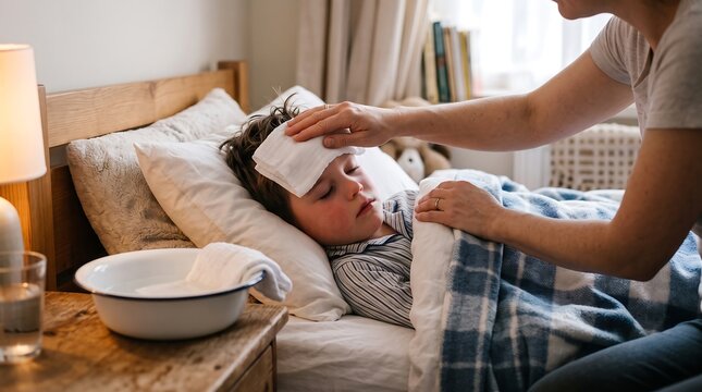 Woman comforting sick girl with fever on bed with compress