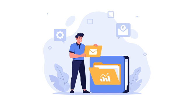Vector Illustration of a Person Organizing Digital Files and Data, Representing Information Management, Analytics, and Cloud Storage