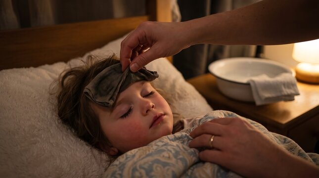 Tender moment of a woman checking a child's forehead with a cold cloth