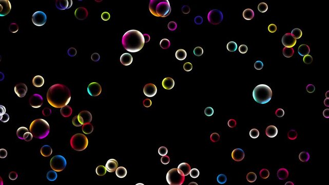 colorful rising slow motion bubbles isolated on black background, abstract neo colored spheres, overlay texture element template decoration