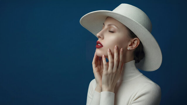 Profile of an elegant woman with closed eyes touching her face, wearing a white hat and turtleneck against a dark blue background featuring generous copy space.
