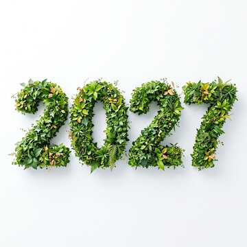 2027 Numbers Decorated with Natural Green Moss Leaves and Flowers.