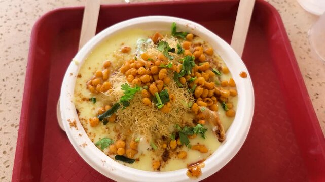 delicious indian street food dahi chaat served with yogurt sev and crispy boondi topping