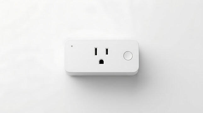 White smart plug with electrical outlet and power button on a plain background.