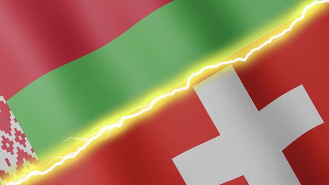 Two waving flags Belarus and Switzerland with diagonal lightning seamless, 4k loop