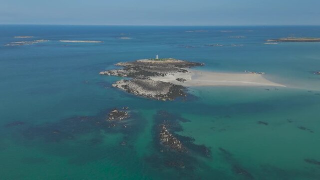 Aerial view of the wild Chausey archipelago and its rocks, Normandy, France