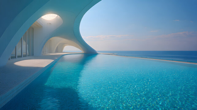Stunning infinity pool with organic white architectural structure overlooking deep blue ocean.