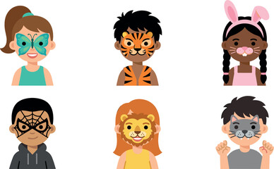 Kids Face Paint Vector Set with Butterfly Tiger Bunny Spiderman Lion Cat Costume Designs Cartoon Children Portrait Avatar Illustration Collection for Kids © MstLaily