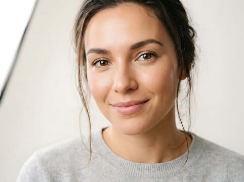 Smiling young woman with short dark hair in white shirt.