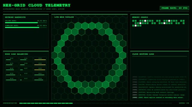 Cloud Mesh Network Hex Grid Data Telemetry Dashboard Screen.
