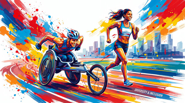 Professional athletes in wheelchair race and running competition with wheelchair competition disability exercise training movement splatter performance determination endurance lifestyle