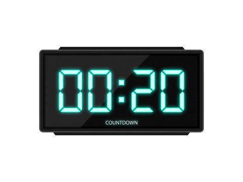 Digital clock showing 00:20 with neon cyan glowing numbers on black background electronic midnight minimalist isolated timekeeping luminous interface contrast precision indicator