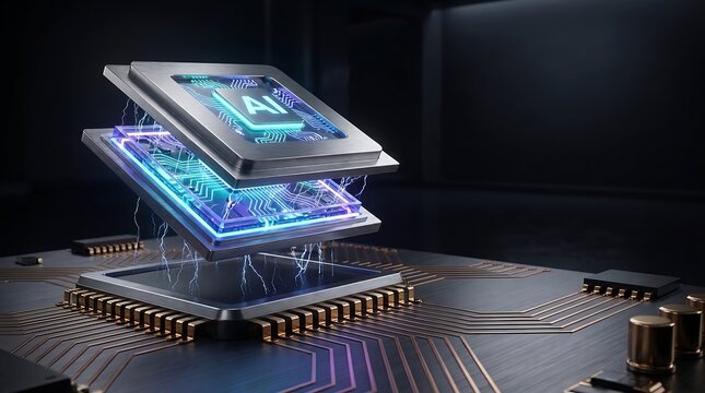 Ai processor chip floating above motherboard with glowing particles representing artificial intelligence high tech processor artificial intelligence motherboard hardware technology computing