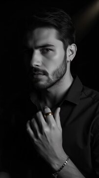 The captures a moment of intense expression with the man looking directly at the camera. His confident gaze and the way he holds his collar suggest assertiveness and self-assurance.