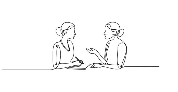 Animated self drawing of  Continuous one line drawing of two women, one writing notes while the other gestures and speaks, representing a consultation, interview, or discussion. 4K HD video