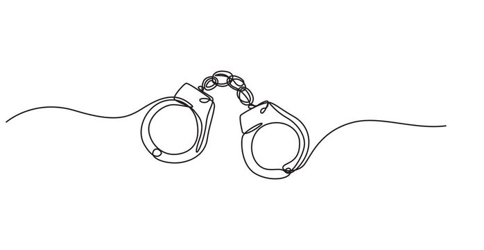 Continuous one line handcuff handcuffs crime criminal drawing police single. Handcuff one line art justice hand jail handcuffed arrest stroke prisoner law lawyer prison person vector illustration. HD