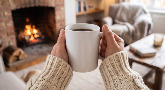 Blank white ceramic coffee mug mockup held by hands in winter knit sweater POV