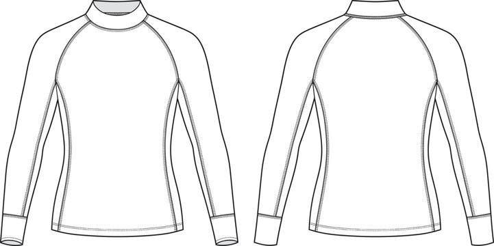Technical fashion flat sketch of a long-sleeve mock neck compression top with raglan sleeves and base layer design