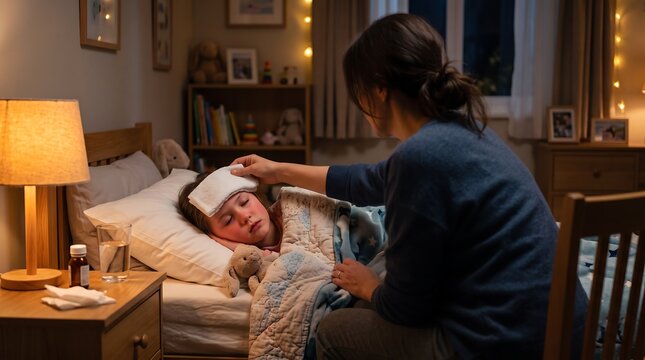 Woman gently tends to a sick man lying in bed at home