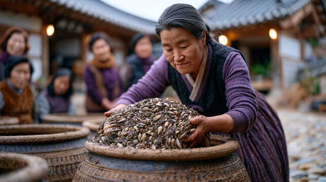 Traditional Korean homemaker filling earthenware onggi pots with seasoned cabbage for year-round kimchi fermentation in a tiled outdoor preparation courtyard, multiple generations of family watching