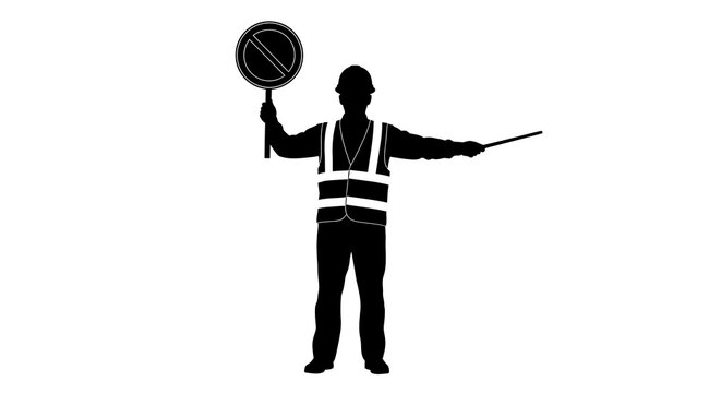 Flagger Holding Stop Sign With Reflective Vest Black Silhouette