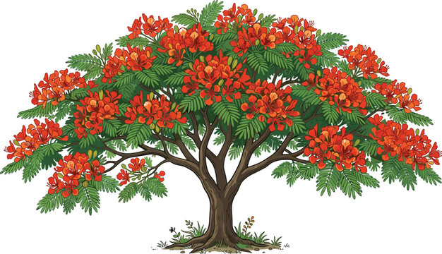Blooming Royal Poinciana Delonix Regia Tree Vector Illustration with Red Flowers for Tropical Landscape Designs