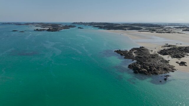 Aerial view of the wild Chausey archipelago and its rocks, Normandy, France