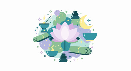 Fototapeta premium Zen Wellness and Meditation Concept Illustration with Lotus Flower, Yoga Mats, Singing Bowls, and Basalt Stones in Flat Design Style