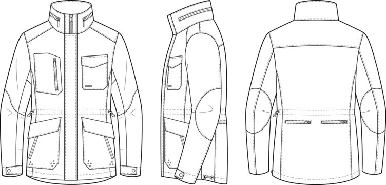 Technical fashion flat sketch of mens tactical field jacket with multi-pocket design front side back view template