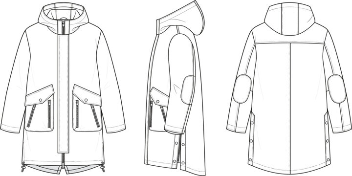Technical fashion sketch of a hooded parka jacket with patch pockets, side zippers, and elbow patches design