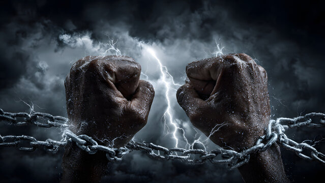 Clenched fists in chains against a stormy sky, symbolizing intense struggle, resilience, and the fight for freedom from oppression and adversity