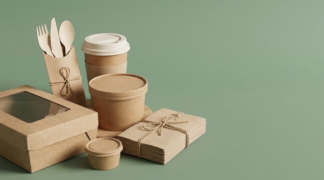 Eco friendly disposable food packaging on green background.
