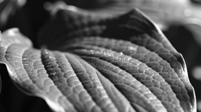 Black and white hosta leaf with dew drops.