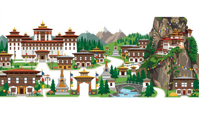Fototapeta premium Bhutan Traditional Street Panorama with Famous Architecture and Tourist Attractions Vector Illustration