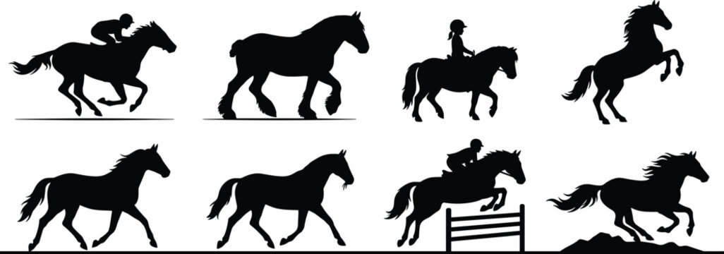 Collection of black horse silhouettes featuring running, jumping, rearing, racing, and equestrian riding poses