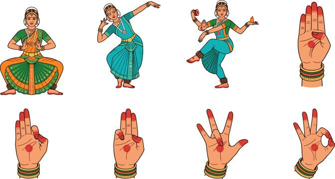 Indian Classical Dance Mudras and Poses Set with Bharatanatyam Dancers and Hand Gestures Vector Illustration