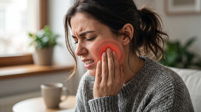 A close-up shot of a distressed young woman suffering from intense dental pain, holding her jaw with both hands while a red concentric circle graphic highlights the localized ache.