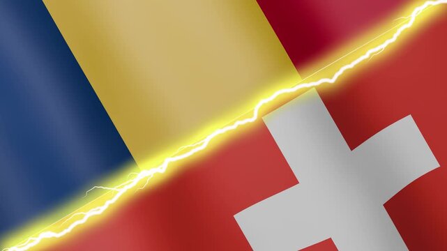 Two waving flags Chad and Switzerland with diagonal lightning seamless, 4k loop